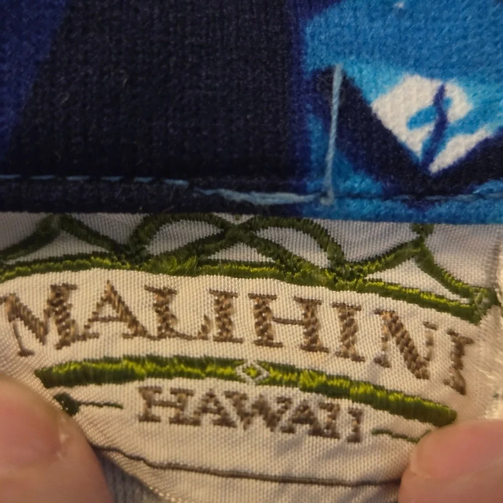 Vintage Malihini Hawaii Blue Green Geometric Patchwork Aloha Shirt Short Sleeve